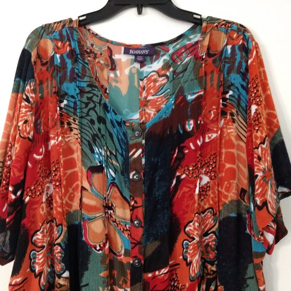 ROAMAN'S Blouse 24W Multicolor Rayon Floral Scoop Neck Button FLAW - Picture 2 of 14
